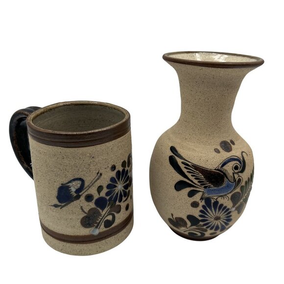 Vintage Mexican Folk Art Gardiel Pottery Mexico Signed Mug Vase Set Collectable - Picture 2 of 15